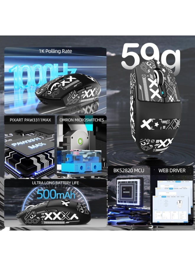 هجوم القرش ماوس الألعاب G3 PRO اللاسلكي، بتقنية بلوتوث، والسلكي - مستشعر بصري PAW3311، معدل استجابة 1K، دقة قابلة للتعديل حتى 25K نقطة في البوصة، بطارية 500 مللي أمبير، خفيف الوزن للغاية 59 جرامًا مع قاعدة شحن RGB - Image 3